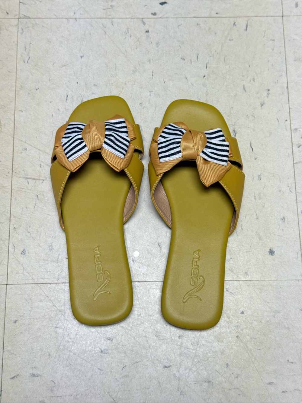 Women's Mustard Slide Sandals with Bow Accent